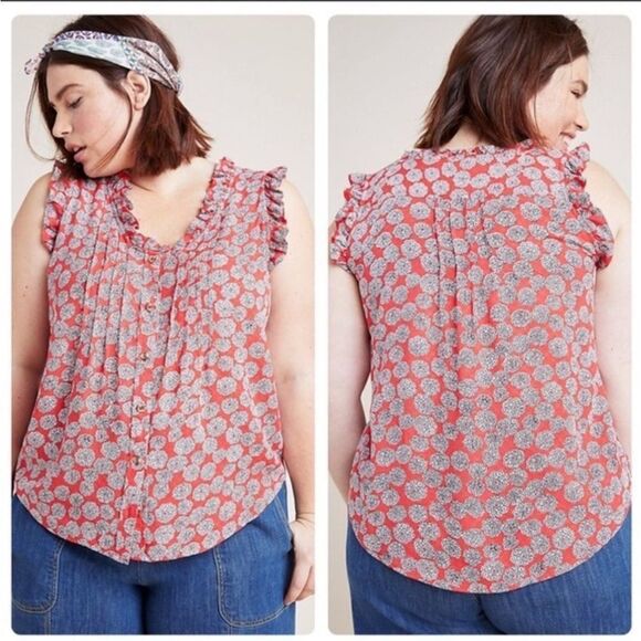 ANTHROPOLOGIE rayne top size 16 W Maeve red ruffled floral sleeveless - Picture 1 of 5